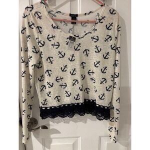 Rue21 Anchor Print Long Sleeve Top‎ with Lace Trim - Nautical Style Medium